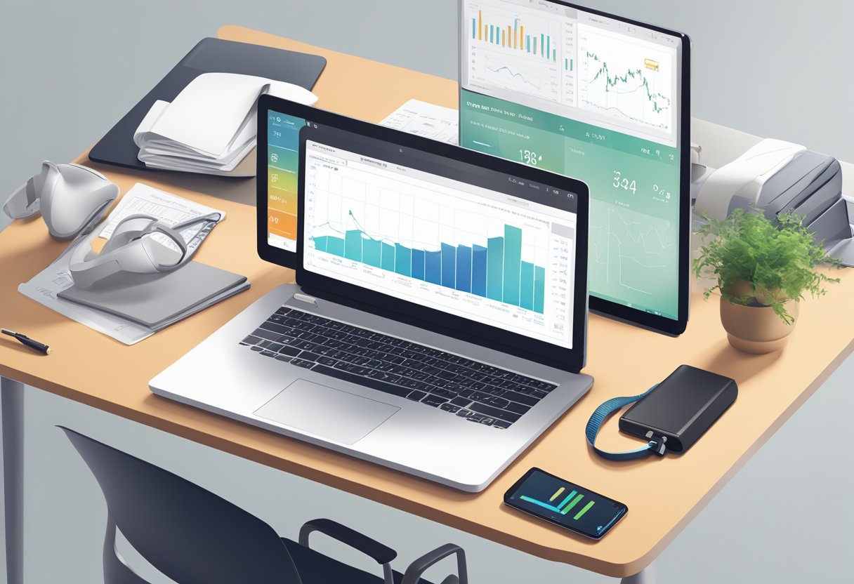 A sleek, modern office desk with a laptop and a fitness tracker placed next to it. The tracker's screen displays various health and fitness data, while the laptop shows a busy professional working