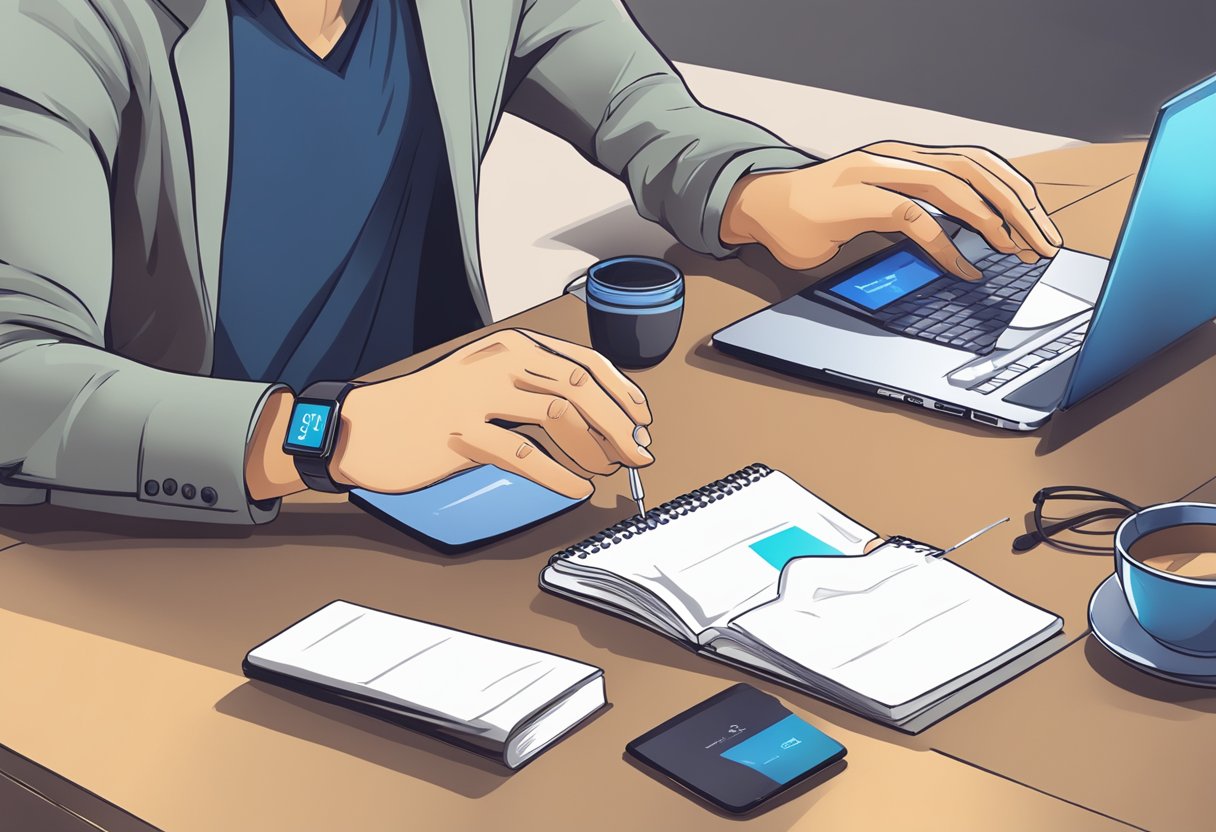 A busy professional wearing a fitness tracker while working at a desk, with a cup of coffee and a laptop nearby