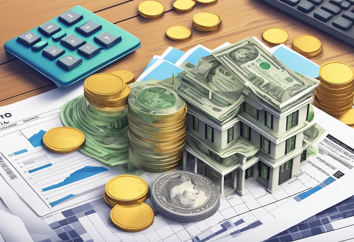 A stack of coins and dollar bills surrounded by real estate properties and tax forms