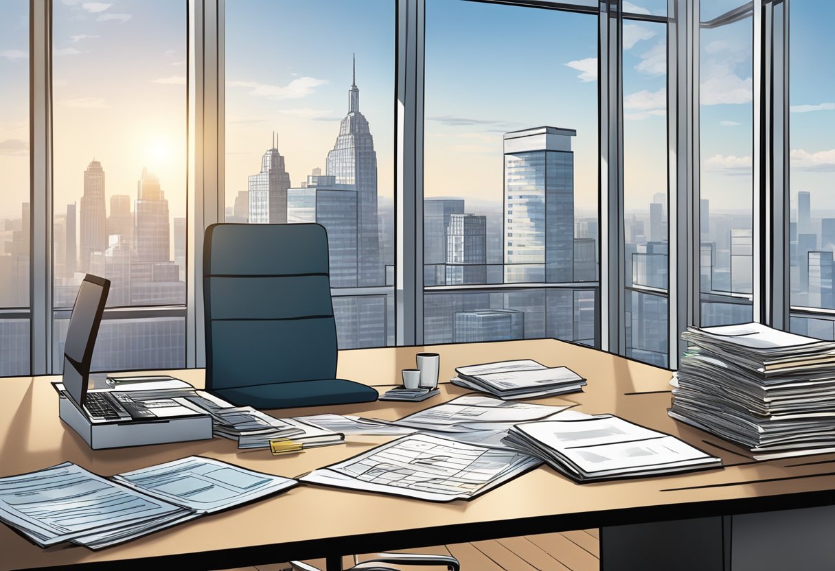 An upscale office desk with a stack of tax planning guides, a calculator, and real estate investment documents spread out. A large window with a city skyline in the background
