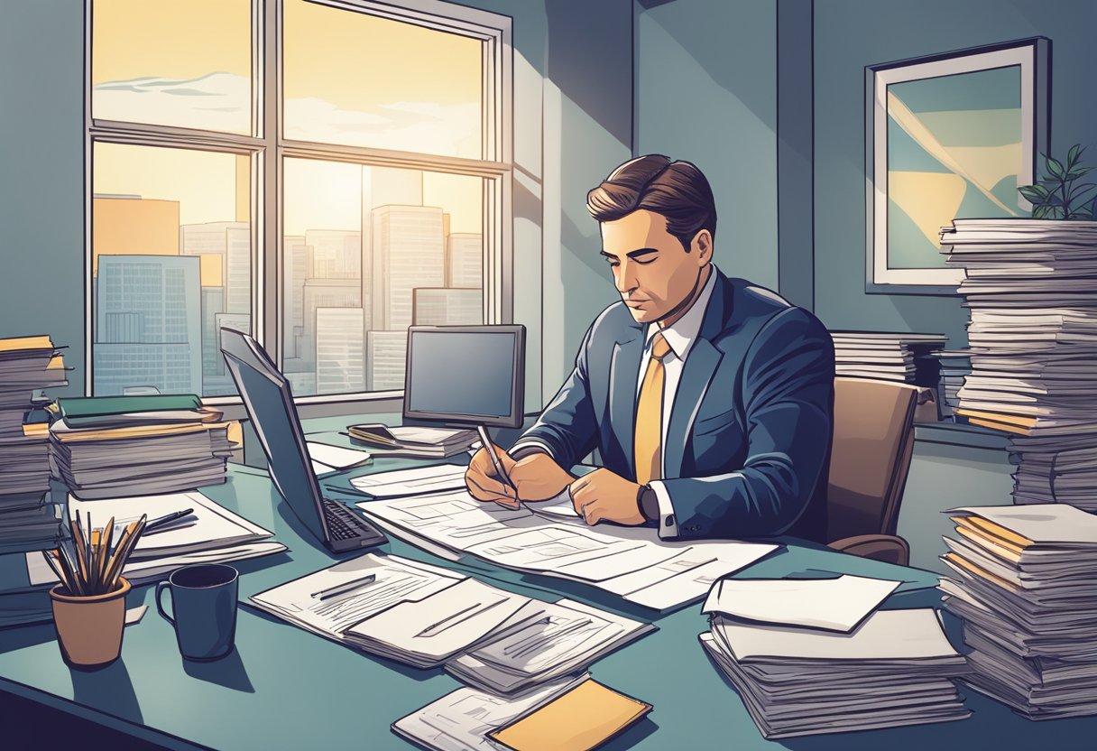 A real estate investor sits at a desk, surrounded by documents and spreadsheets. They are deep in thought, strategizing for tax benefits and unlocking big savings