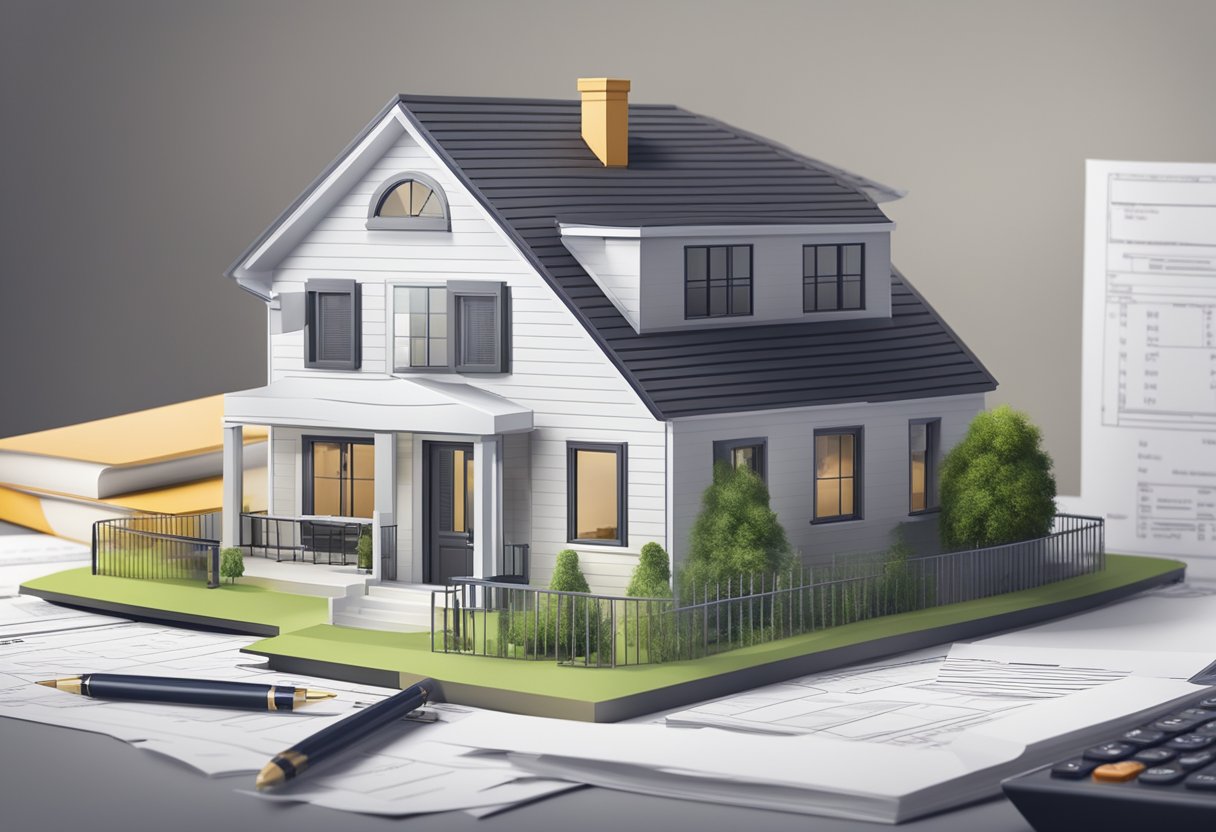 A rental property with various features like a house, apartment building, or commercial space, surrounded by financial documents, tax forms, and calculators