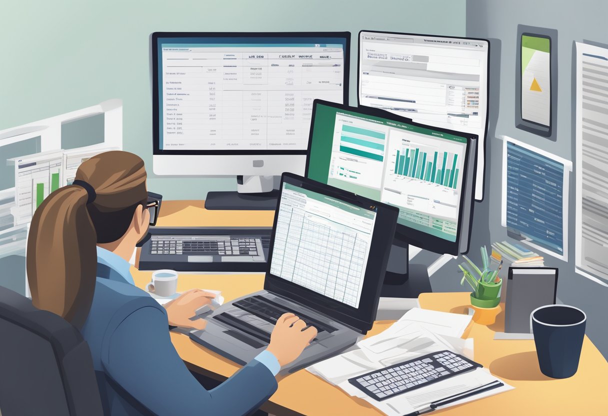 A real estate investor reviewing tax documents and financial statements at a desk with a calculator, laptop, and files. A chart showing potential savings is displayed on the computer screen