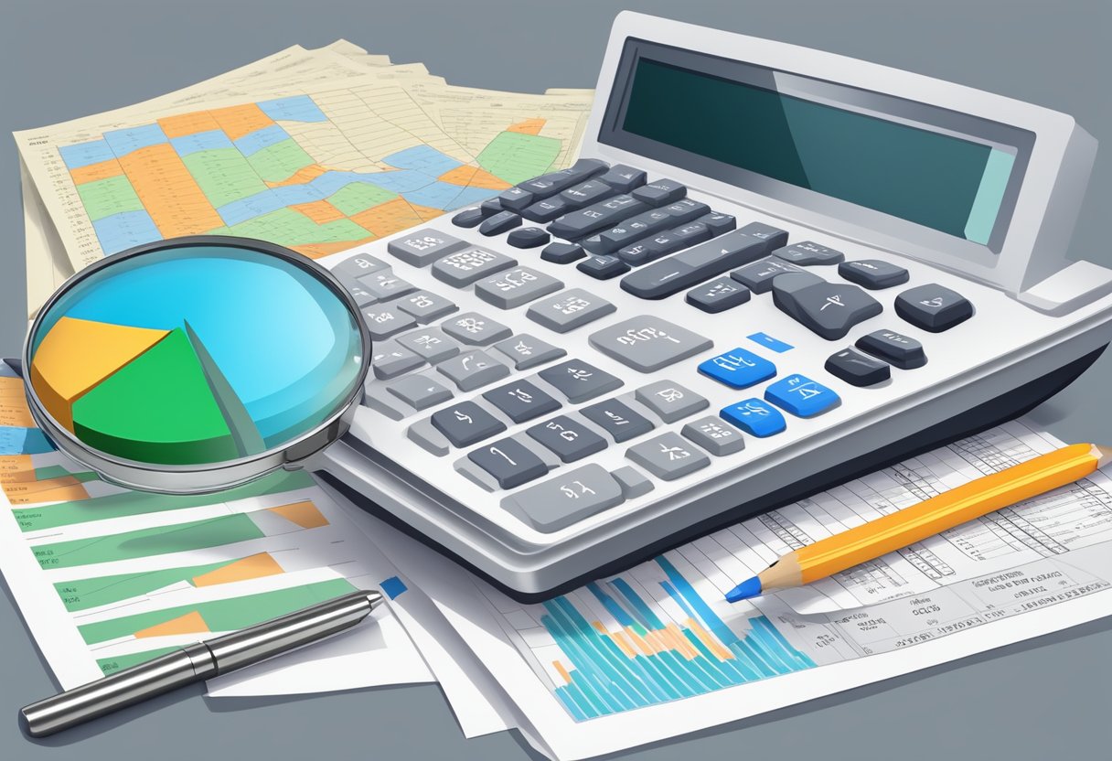 A stack of real estate investment documents surround a calculator and financial charts, with a magnifying glass highlighting specific tax planning techniques