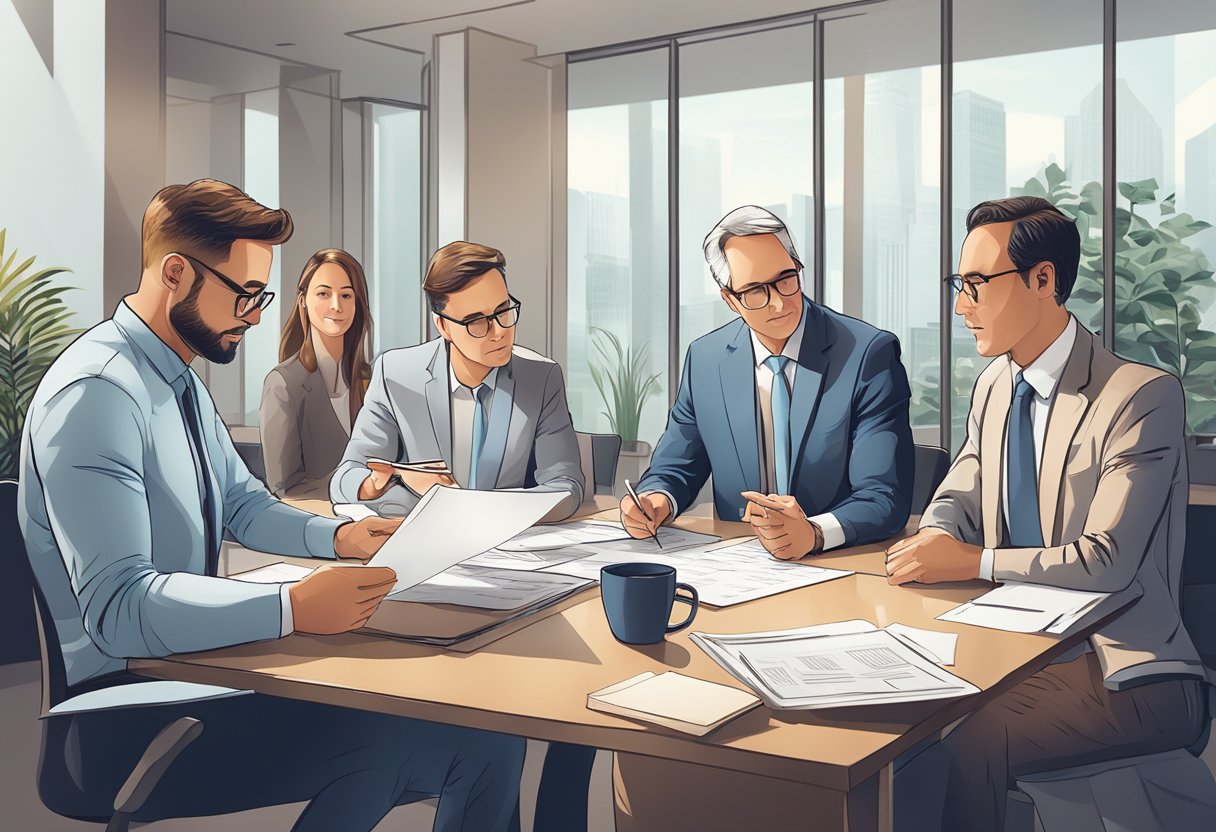 A group of tax professionals and real estate investors discussing strategies and reviewing documents in a well-lit office setting