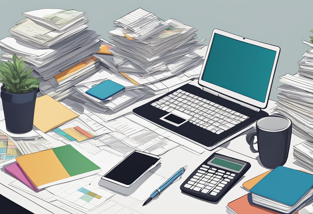 A cluttered desk with stacks of paperwork, folders, and a computer showing financial data. A calculator, pen, and notepad are scattered among the documents