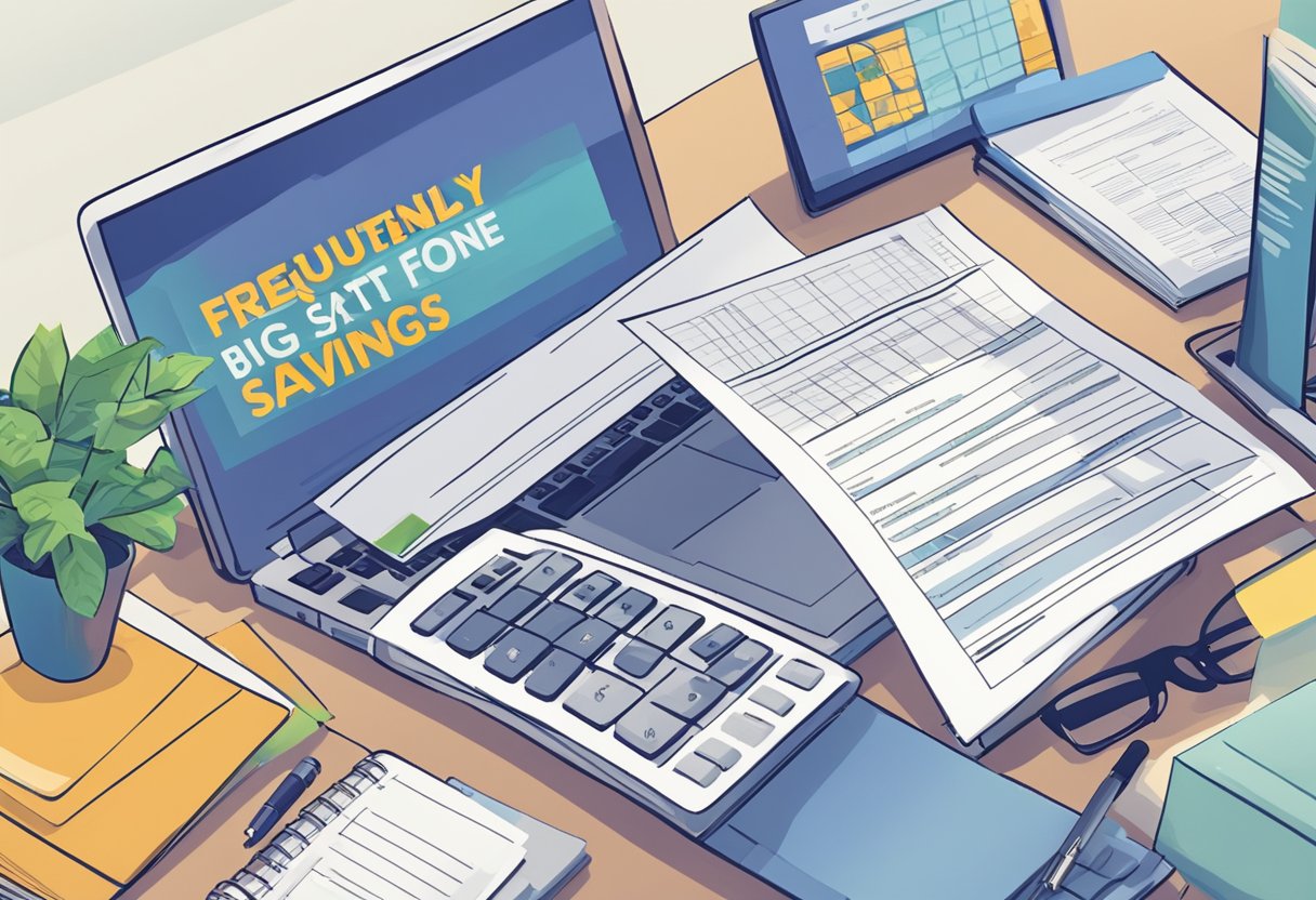 A stack of tax forms and documents, a calculator, and a laptop on a desk with a "Frequently Asked Questions Unlock Big Savings: The Ultimate Tax Planning Guide for Real Estate Investors" book open to a page on tax planning strategies