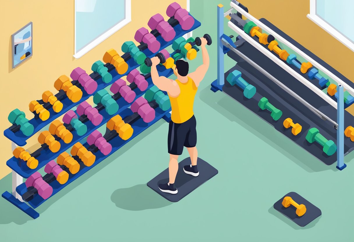 A home gym with adjustable dumbbells arranged neatly on a rack. A person using the dumbbells to perform various exercises, showcasing their versatility