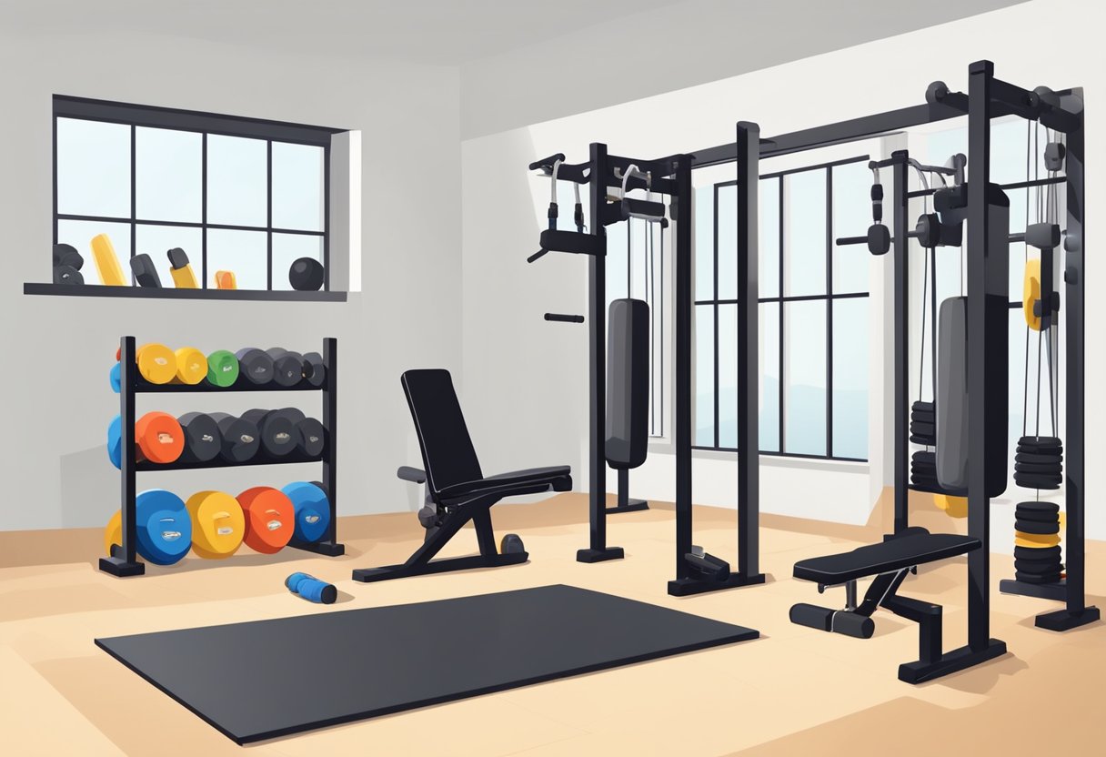 A home gym with adjustable dumbbells neatly organized on a rack. A small space with various workout equipment and a mirror on the wall