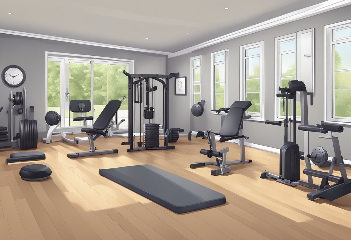 A home gym with adjustable dumbbells, a comfortable workout space, and various exercise equipment neatly organized for easy accessibility