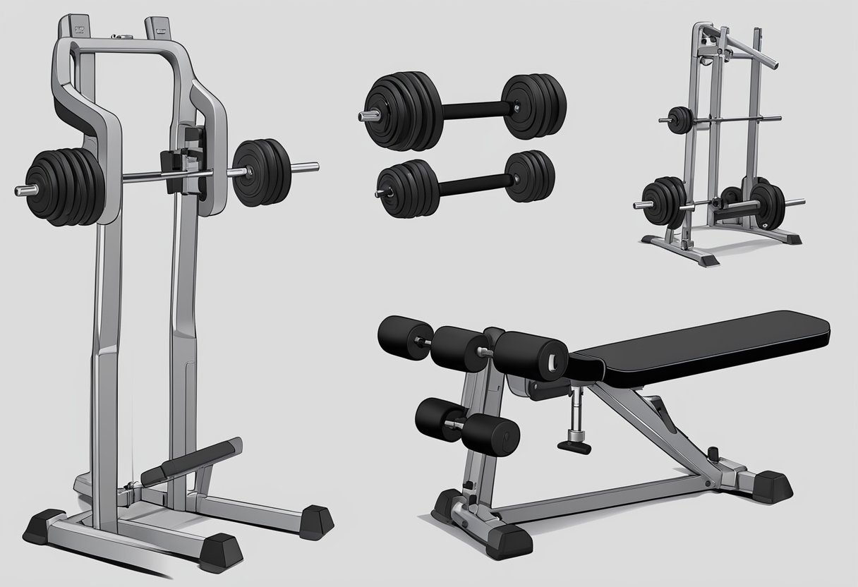 A home gym with adjustable dumbbells, showcasing the compact size and versatility. Considerations include weight range, ease of adjustment, and storage space