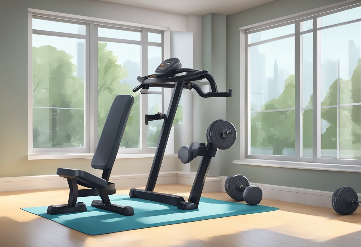 A home gym with adjustable dumbbells set on a sleek, modern weight rack. The room is well-lit with natural light, and there is ample space for exercise and movement