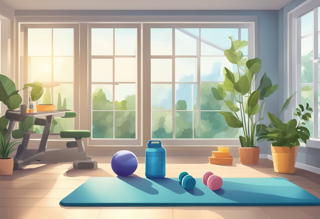 A home gym with adjustable dumbbells, yoga mat, and water bottle. Brightly lit room with large windows and plants in the background