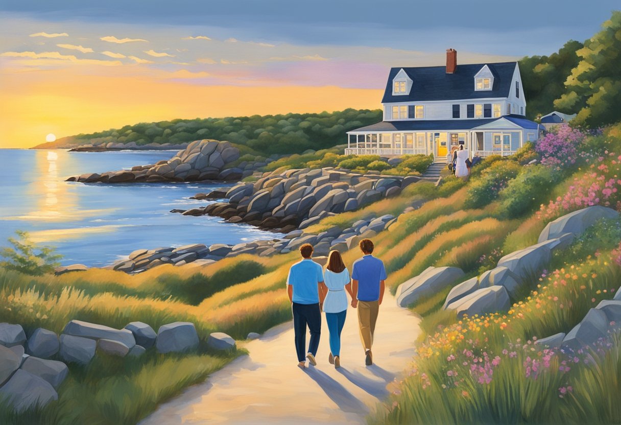 A couple strolls hand in hand along the Marginal Way coastal path, passing by the picturesque Perkins Cove. The sun sets over the sandy beach as people gather for a performance at the Ogunquit Playhouse