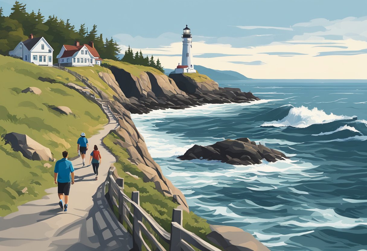 A couple strolls along the scenic Marginal Way coastal path, passing by rugged cliffs and crashing waves, with a lighthouse in the distance