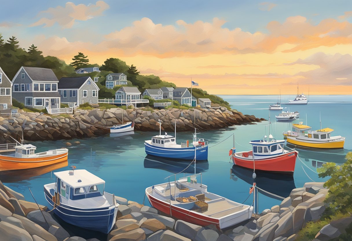 Perkins Cove: lobster boats, cliffside views, art galleries, seafood restaurants, Marginal Way walk, beachcombing, and sunset cruises