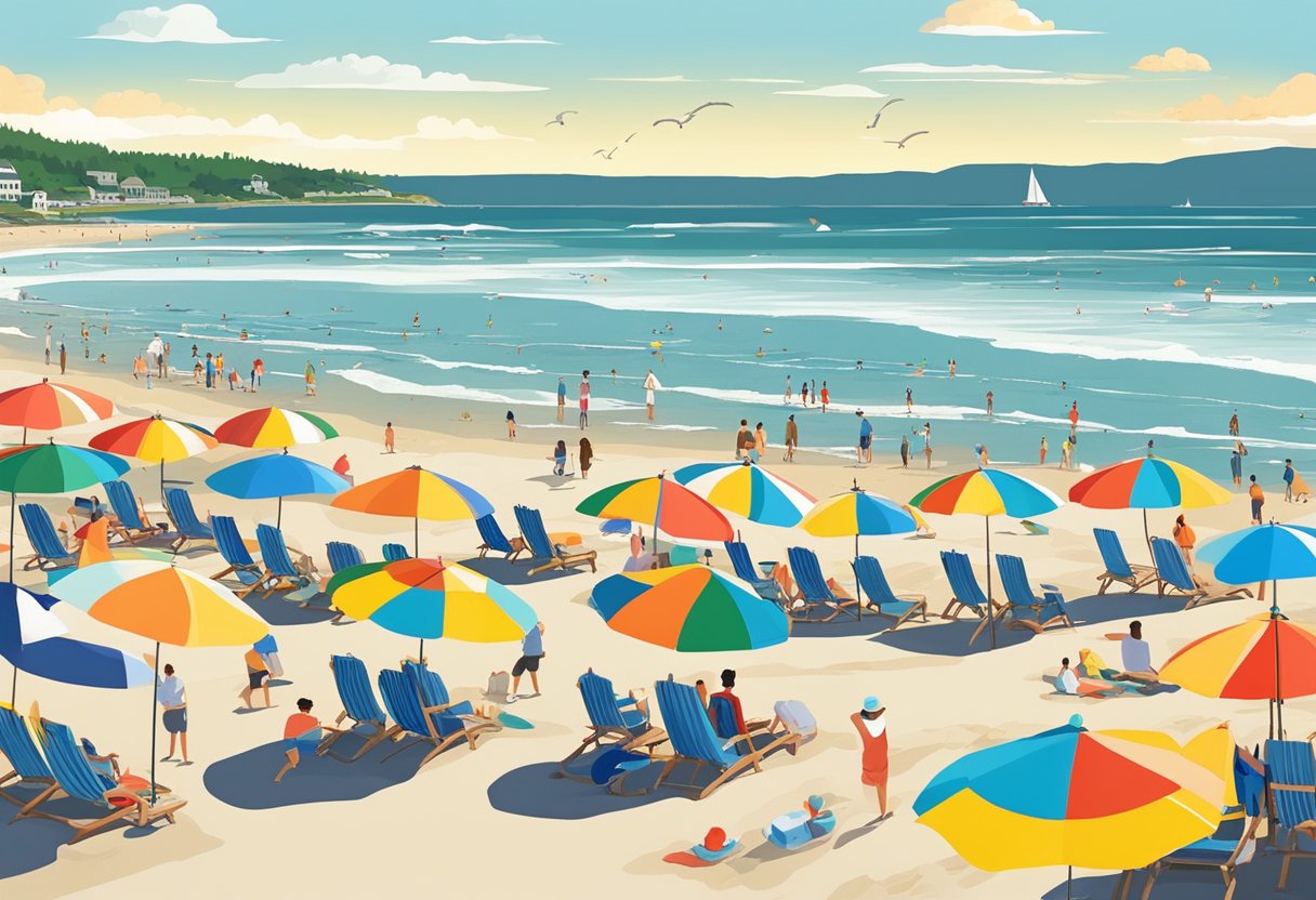 A sunny beach day at Ogunquit Beach, with people sunbathing, swimming, and walking along the shore. Colorful beach umbrellas and chairs dot the sandy coastline, while seagulls soar overhead