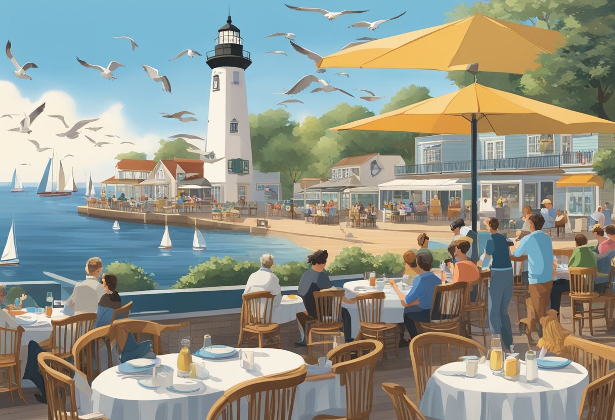 A bustling seaside restaurant with outdoor seating overlooking the harbor. Sailboats dot the water as seagulls circle overhead. A lighthouse stands tall in the distance