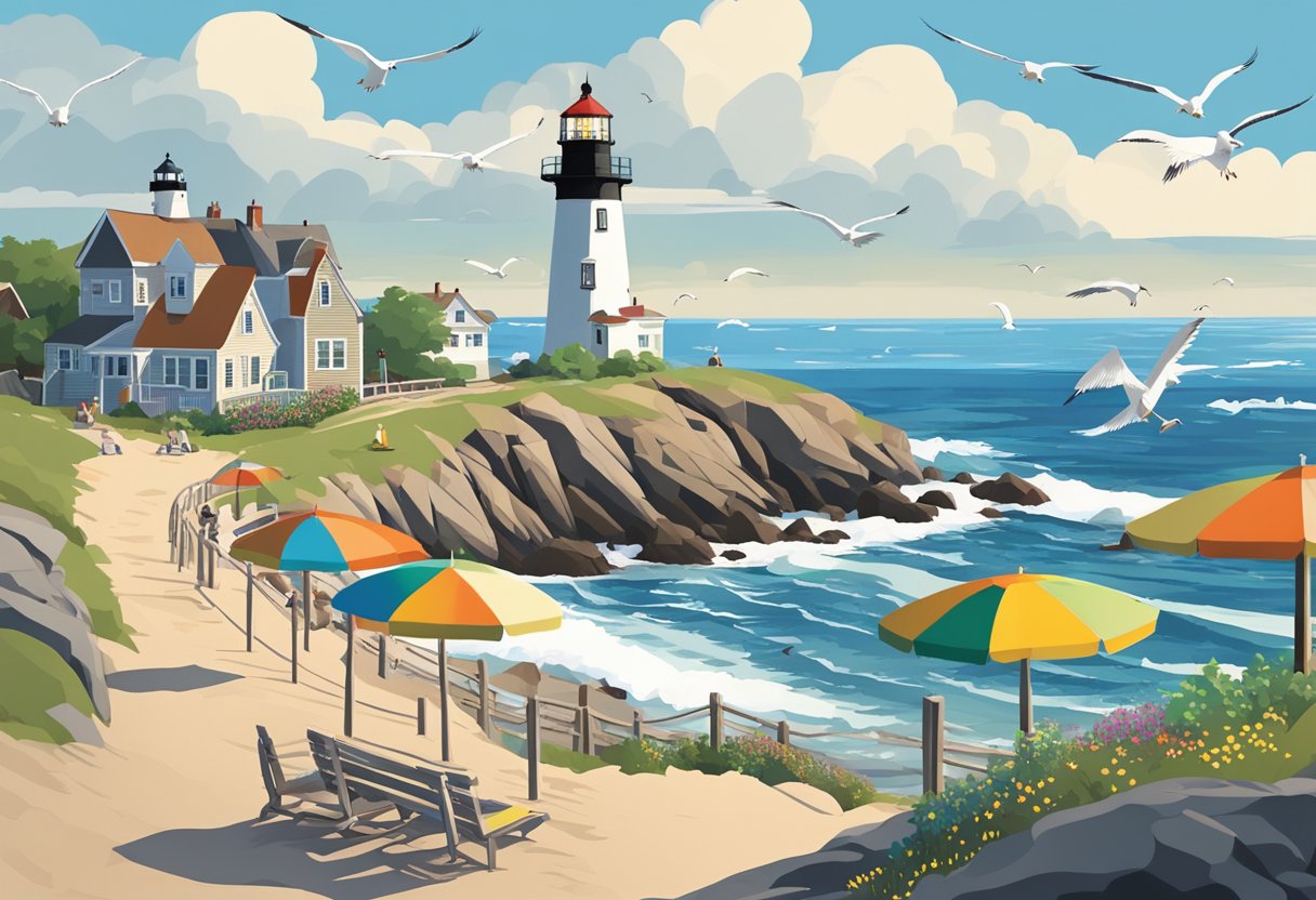 A rugged coastline with crashing waves, a picturesque lighthouse, and colorful beach umbrellas dotting the sandy shores. Seagulls soar overhead as visitors stroll along the scenic Marginal Way coastal walkway