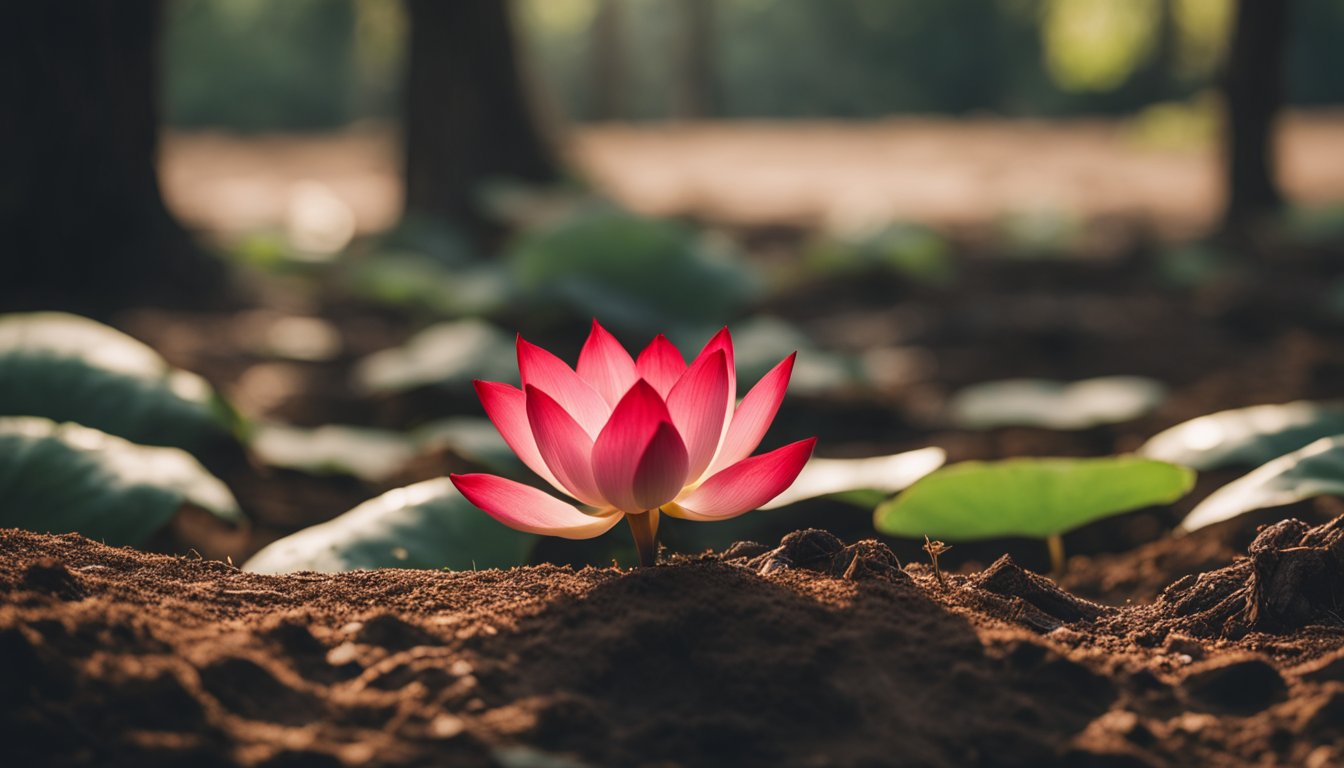 A vibrant red lotus flower blooming at the base of a strong and grounded tree, with roots reaching deep into the earth