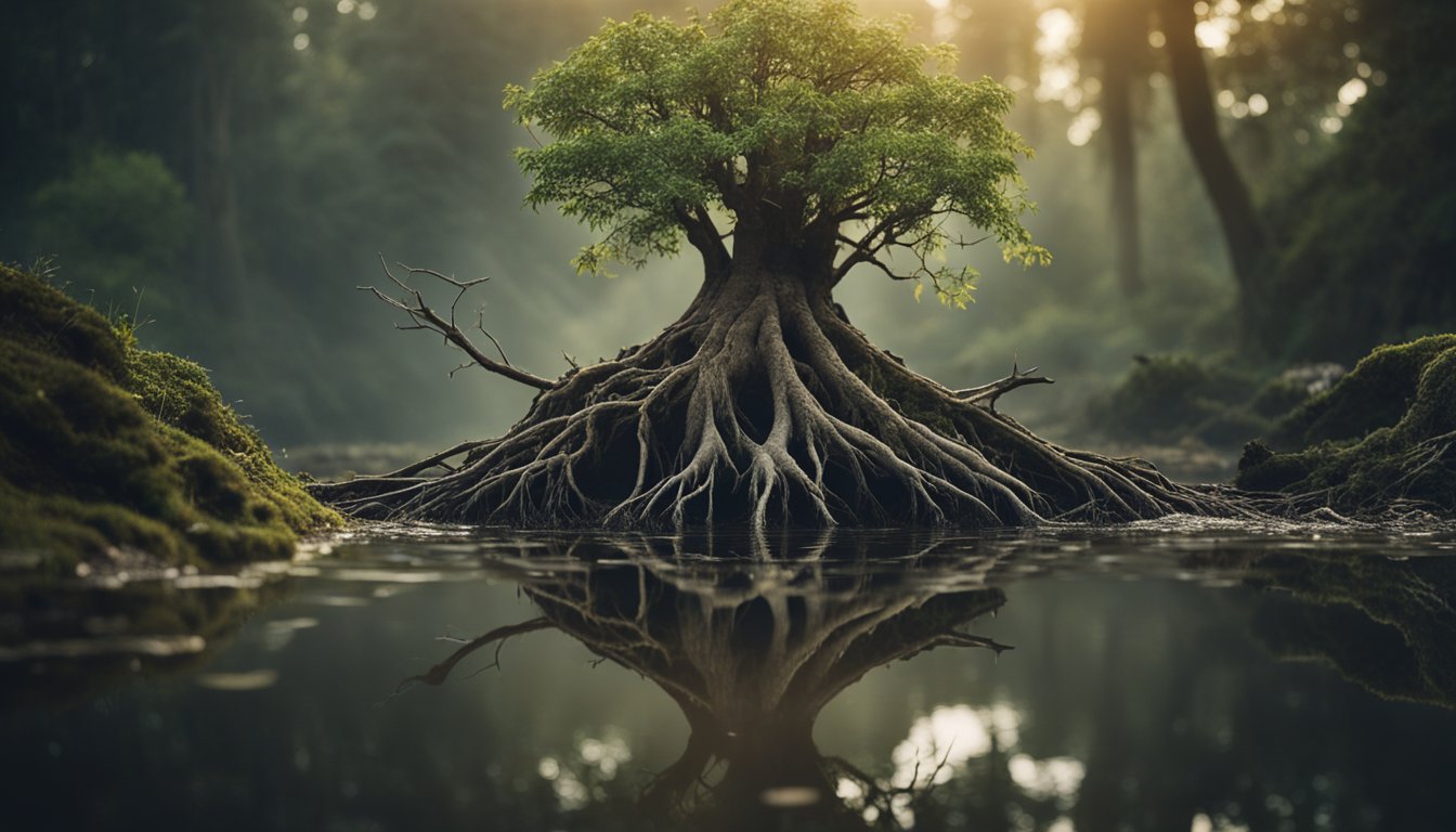 A tree with withered and discolored roots, surrounded by a murky and stagnant pool of water