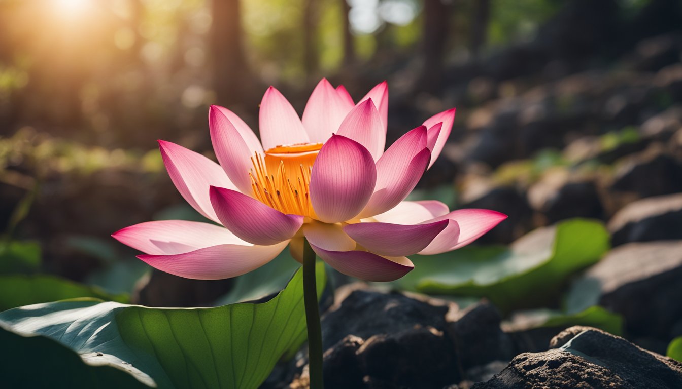 A vibrant red lotus flower blooming at the base of a sturdy tree, surrounded by grounding elements like rocks and earth