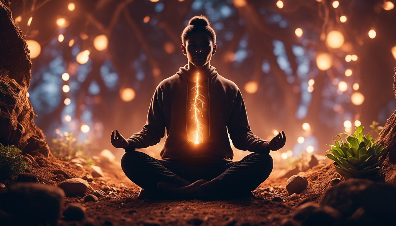 A figure in a seated yoga pose, surrounded by earthy elements like rocks, plants, and roots. A glowing red light emanates from the base of the spine