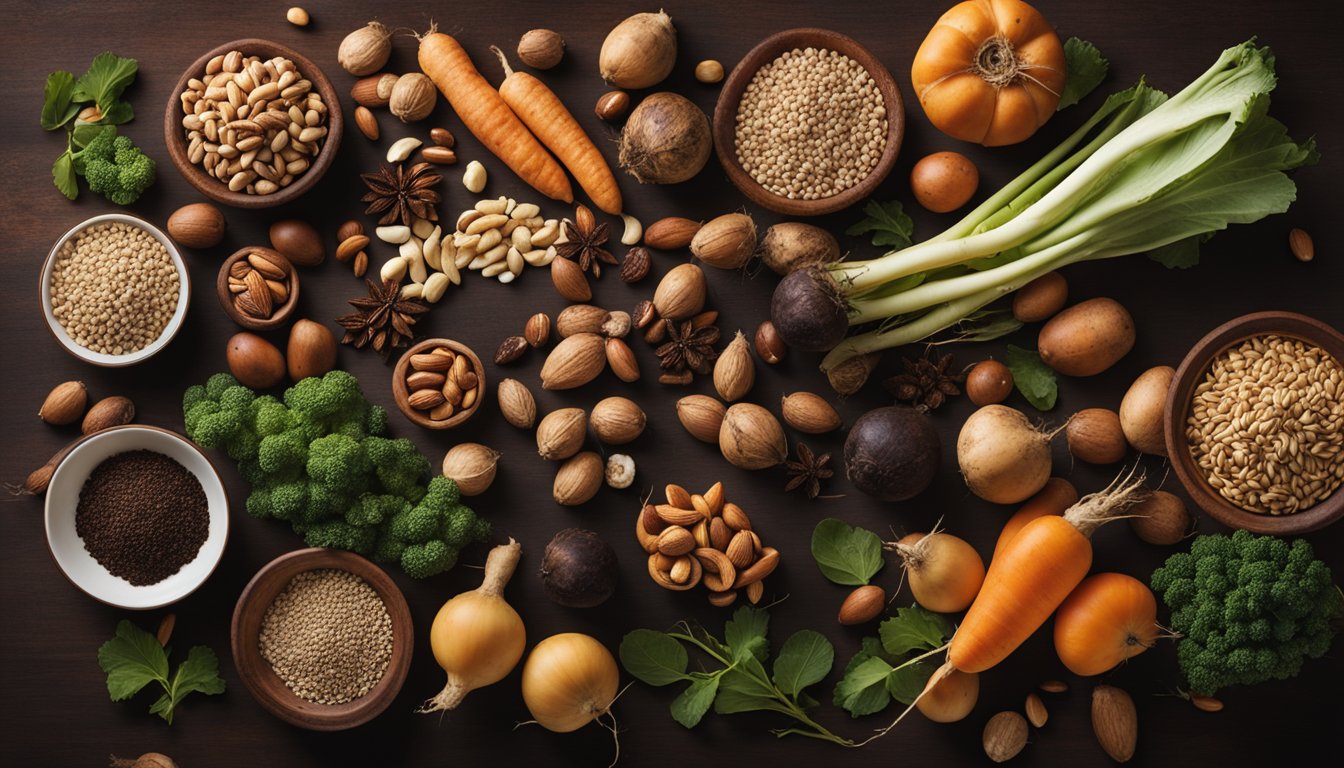 A person sitting cross-legged, surrounded by earthy, grounding foods like root vegetables, nuts, and seeds. They appear calm and centered, with a sense of stability and security