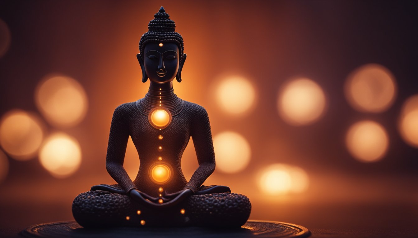 A figure seated in lotus position, surrounded by earthy tones. A glowing red light emanates from the base of their spine, symbolizing Muladhara chakra activation