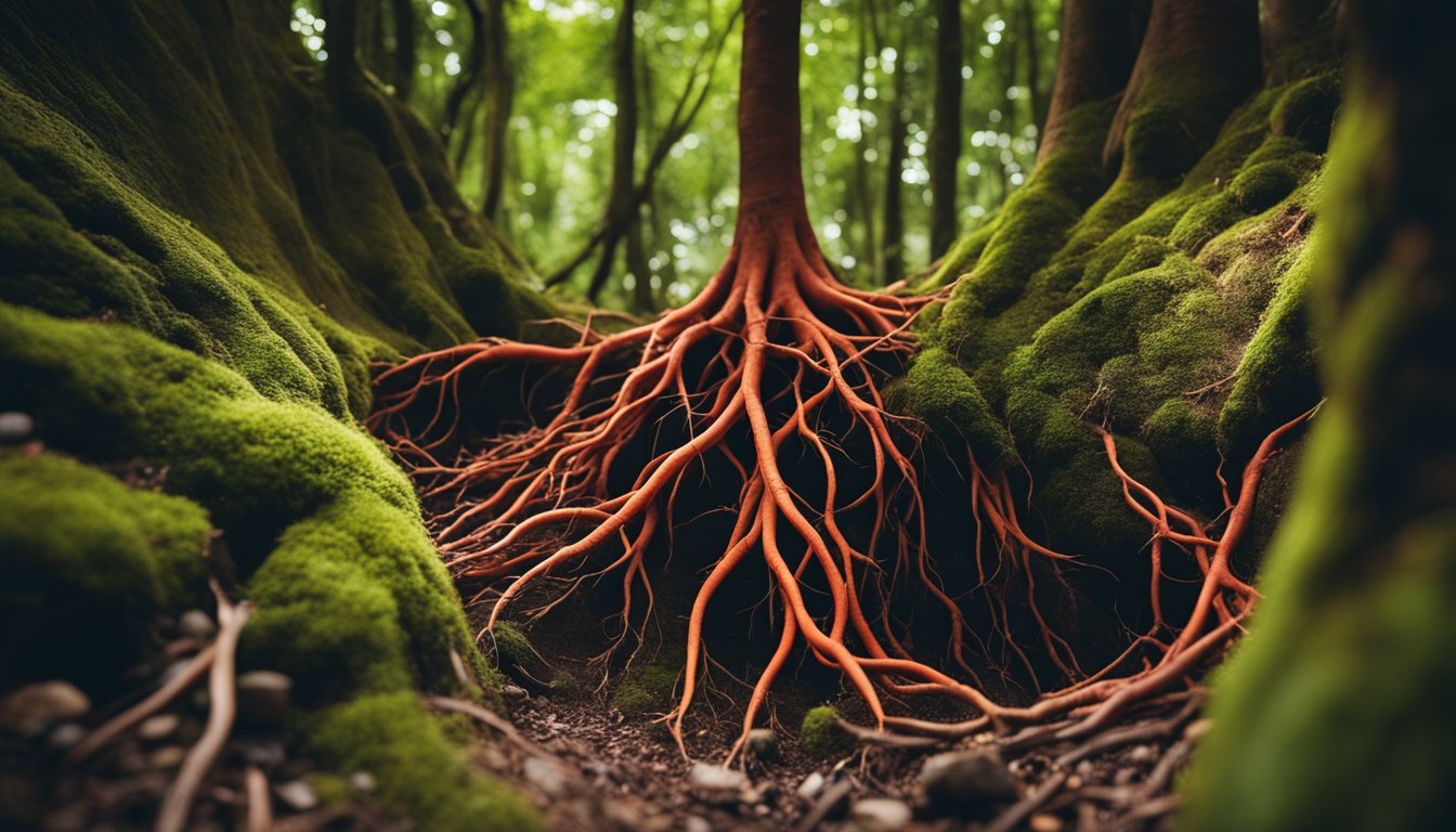 A glowing red root with energy flowing outwards, surrounded by grounding elements like rocks and tree roots