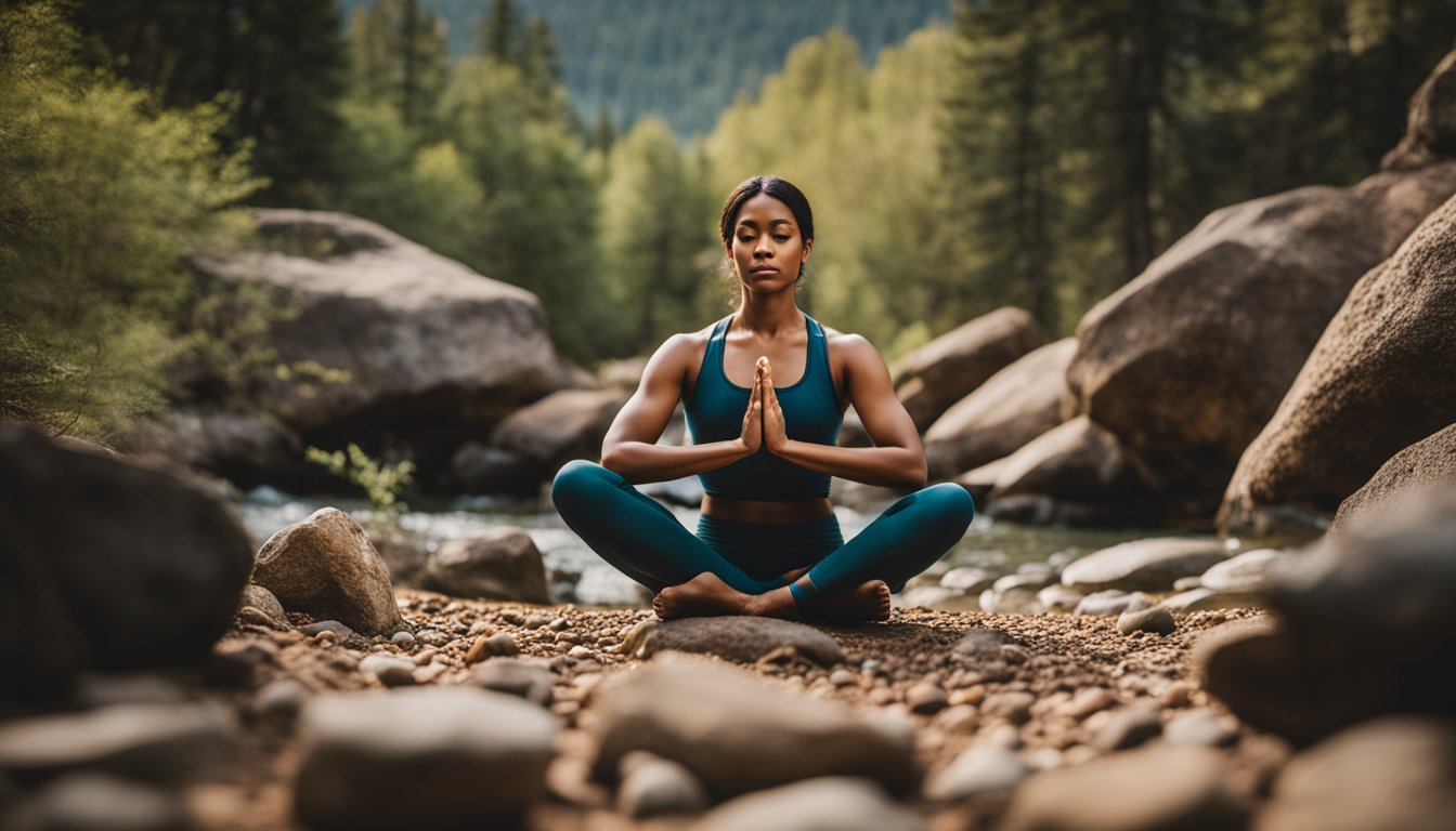 A person practicing yoga, focusing on grounding and stability, surrounded by earthy colors and elements like rocks, trees, and mountains