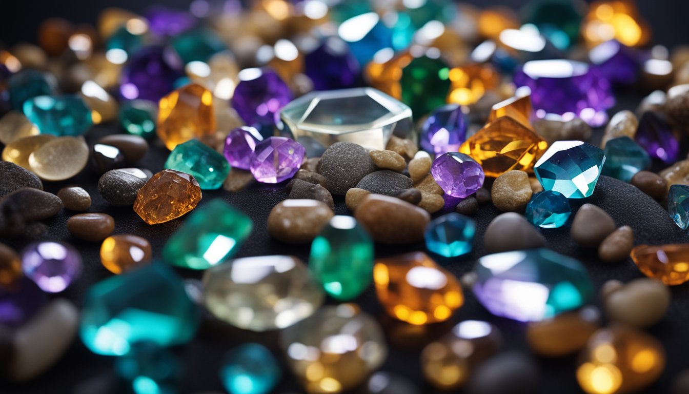 A pile of vibrant crystals and stones arranged in a circle, emitting a warm, grounding energy