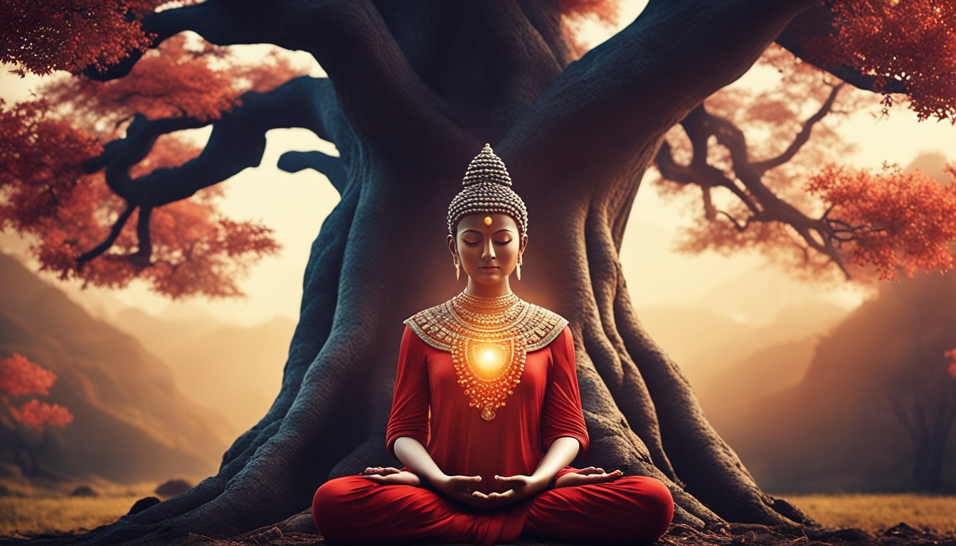 A serene figure meditates under a towering tree, surrounded by earthy tones and grounding elements. A glowing red energy emanates from the base of their spine, symbolizing the activation of the Muladhara chakra