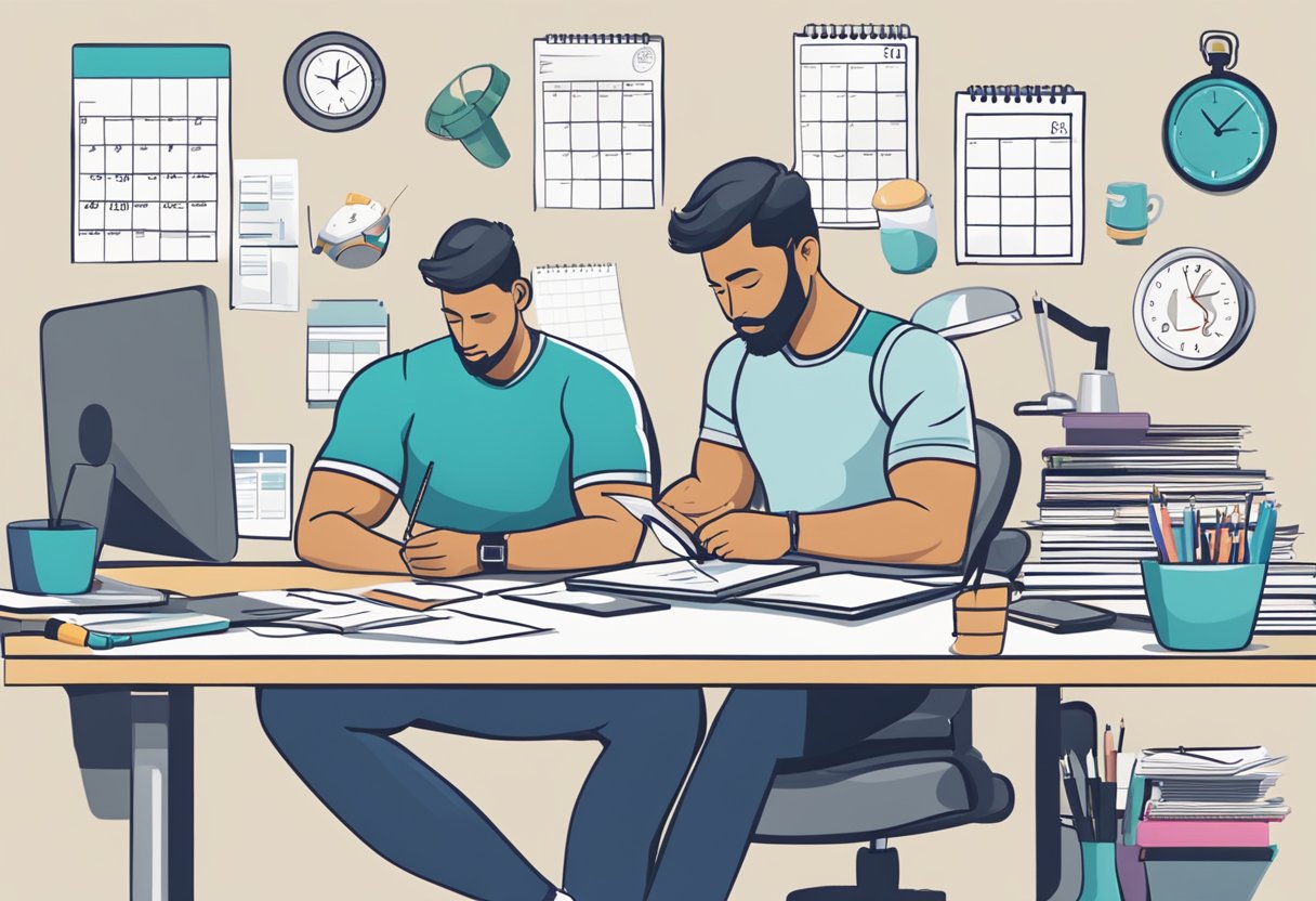 A busy professional sits at a desk, surrounded by a calendar, notebook, and fitness equipment. They are writing down specific, measurable, achievable, relevant, and time-bound fitness goals