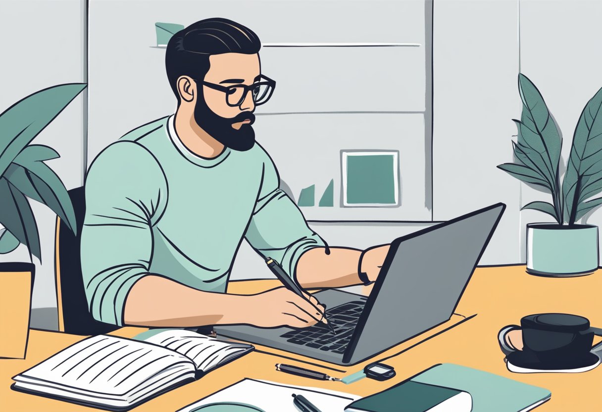 A busy professional sits at a desk with a planner, pen, and laptop. They are writing down specific, measurable, achievable, relevant, and time-bound fitness goals