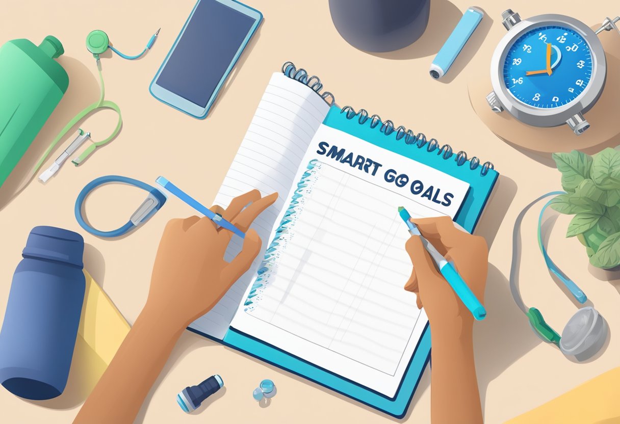 A person writing SMART fitness goals in a planner, with a stopwatch, water bottle, and workout gear nearby