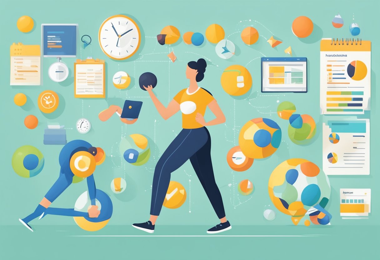 A busy professional juggling work and family life, setting specific, measurable, achievable, relevant, and time-bound fitness goals