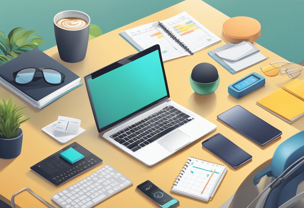 A desk with a planner, laptop, and fitness tracker. A busy professional in workout clothes. Calendar with SMART goals and gym equipment in the background