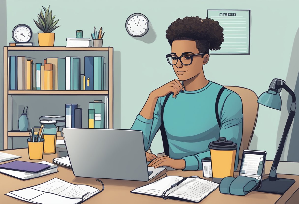 A busy professional sits at a desk, surrounded by a laptop, planner, and water bottle. They are seen setting fitness goals using the SMART method