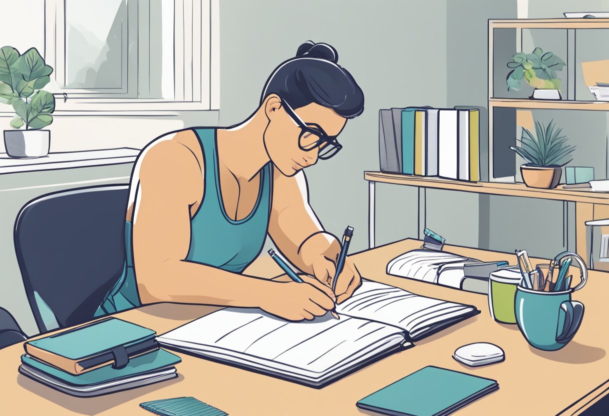 A busy professional sits at a desk, surrounded by fitness equipment and a planner. They are writing down SMART goals for their fitness routine