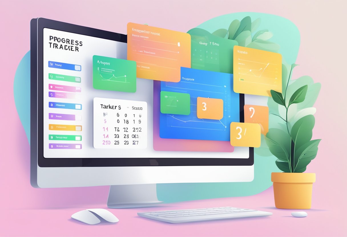 A computer screen displaying a progress tracker with motivational messages. A calendar with completed tasks and upcoming goals. A virtual coach providing guidance and support