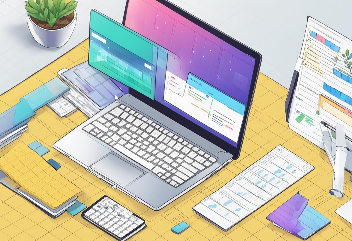 A laptop displaying a progress tracker with a checkmark next to completed tasks, surrounded by motivational quotes and a calendar