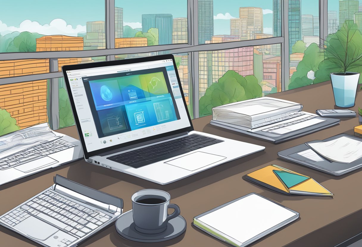 A laptop on a desk with a virtual training program displayed, surrounded by various natural and urban environments to represent different training settings