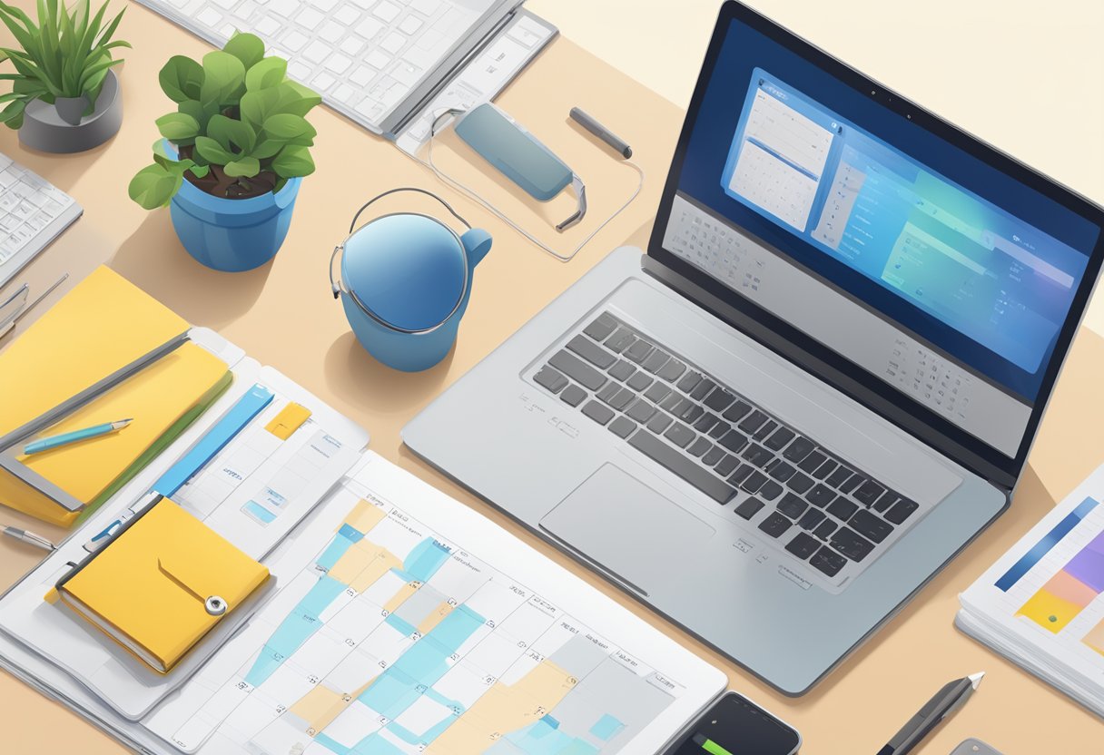 A laptop open on a desk with a progress bar on the screen, surrounded by motivational quotes and a calendar marking training days