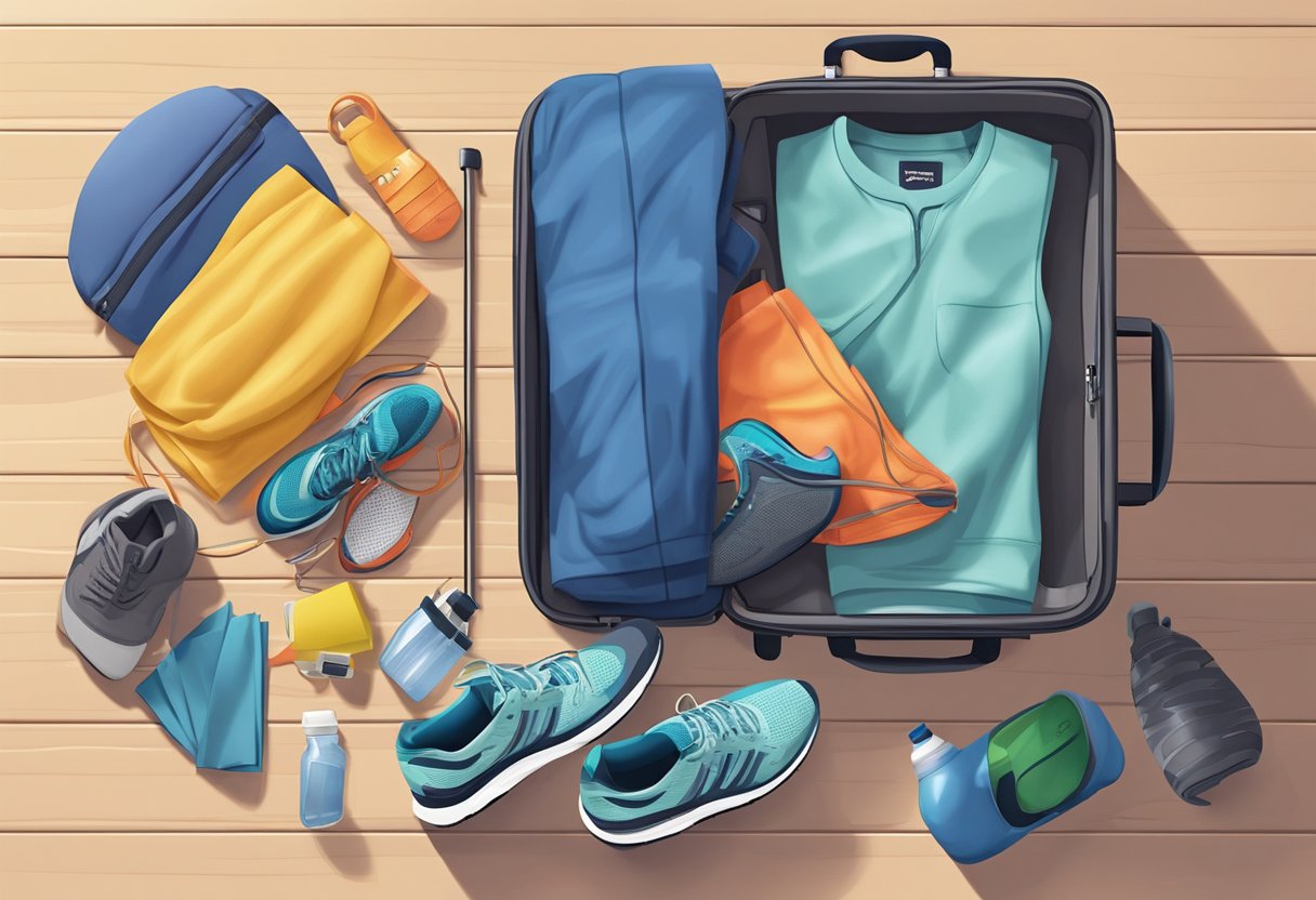 A person's suitcase open with workout clothes spilling out, a pair of running shoes, resistance bands, and a water bottle on a hotel room floor