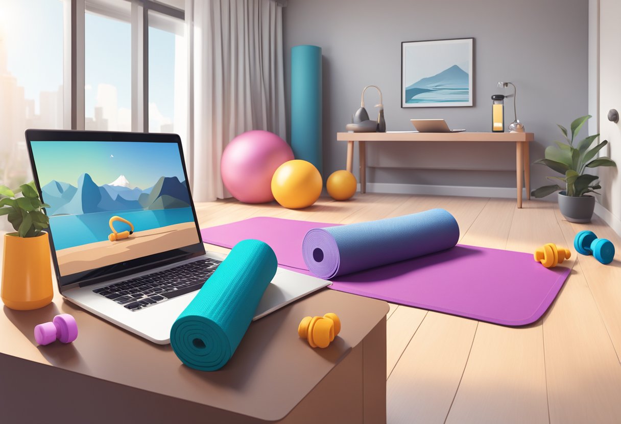 A hotel room with a yoga mat, resistance bands, and a set of dumbbells. A laptop open to a virtual workout class. A water bottle and towel nearby