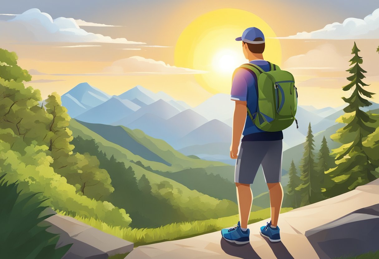A traveler with a backpack and running shoes stands at a scenic overlook, surrounded by hiking trails and bike paths. The sun is shining, and the traveler looks ready for a day of outdoor activity