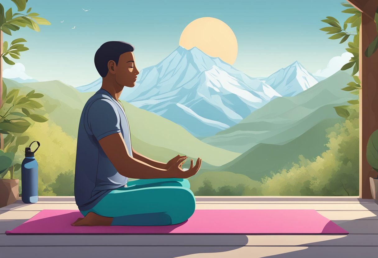 A person meditating in a serene natural setting, surrounded by mountains and trees. A yoga mat and water bottle are nearby