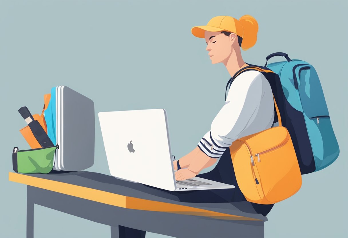 A person juggling work and fitness, balancing a laptop and gym bag, with a determined expression