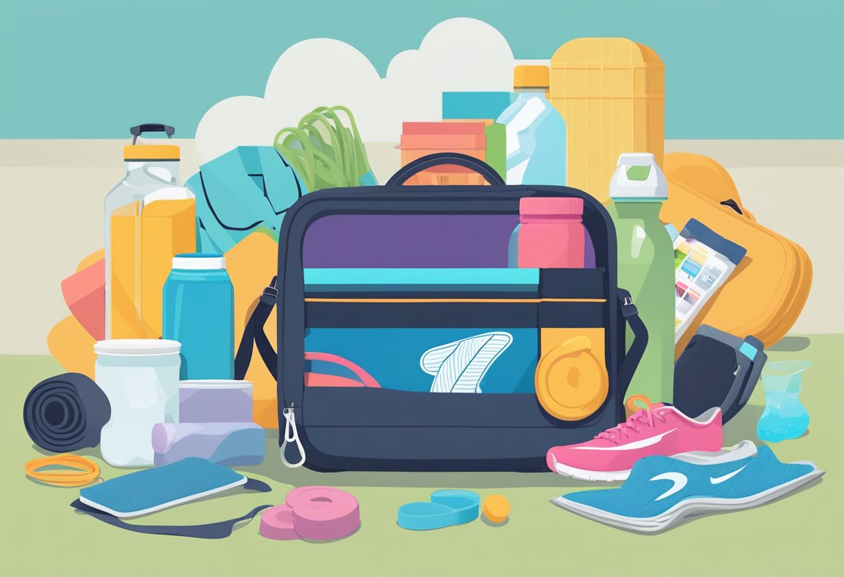 A suitcase filled with running shoes, workout clothes, resistance bands, and a reusable water bottle. A travel-sized yoga mat and foam roller are tucked alongside a portable blender and healthy snacks